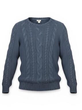 LL Bean Women Medium Cable Knit Crewneck Sweater 100% Cotton Slate Blue Pullover